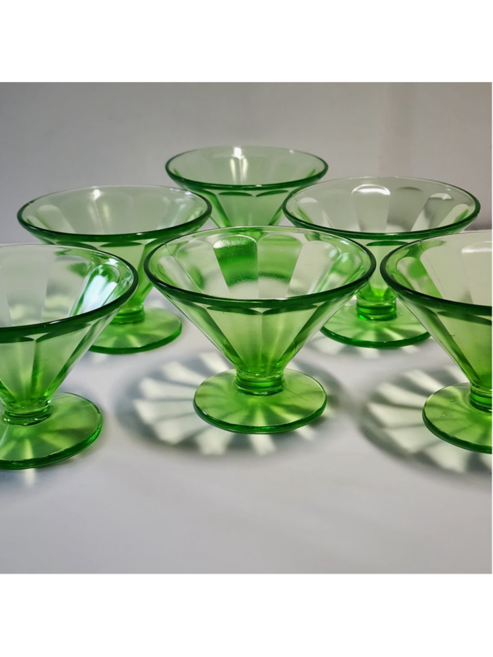 Set of 6 Federal Glass Uranium Vaseline Green Sherbet Dishes Optic Panel Glows